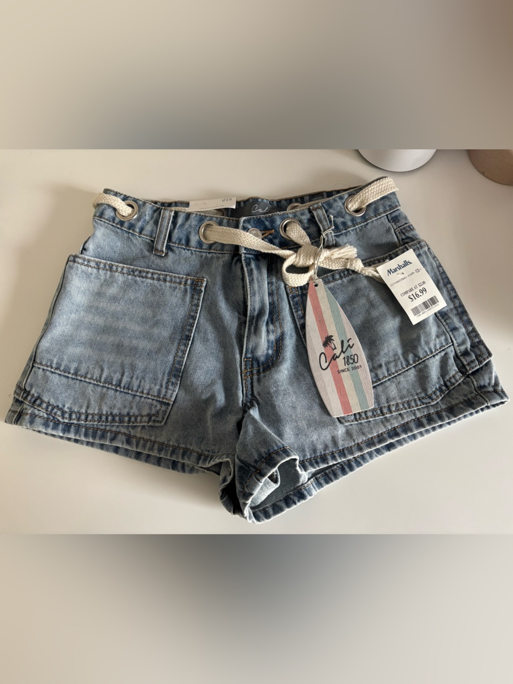 Cali 1850 Light Blue Denim Jean Shorts with Rope Belt